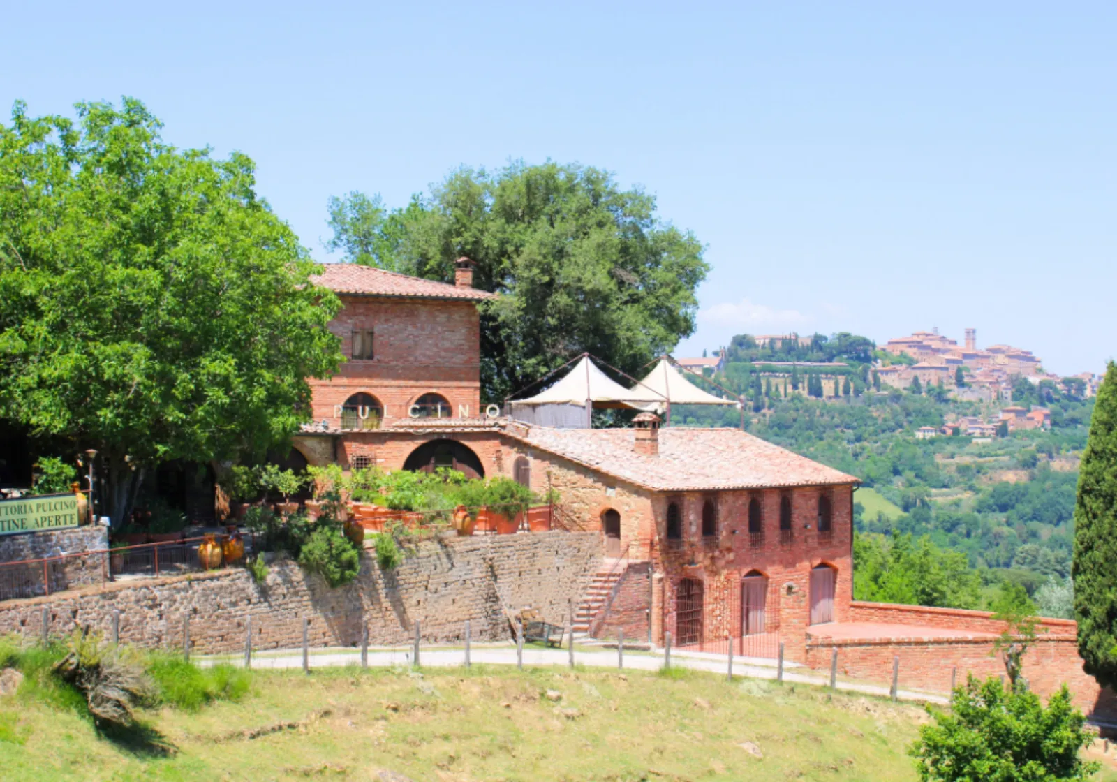 Brick farmhouse and winery buildings among trees, with a hill town on the horizon