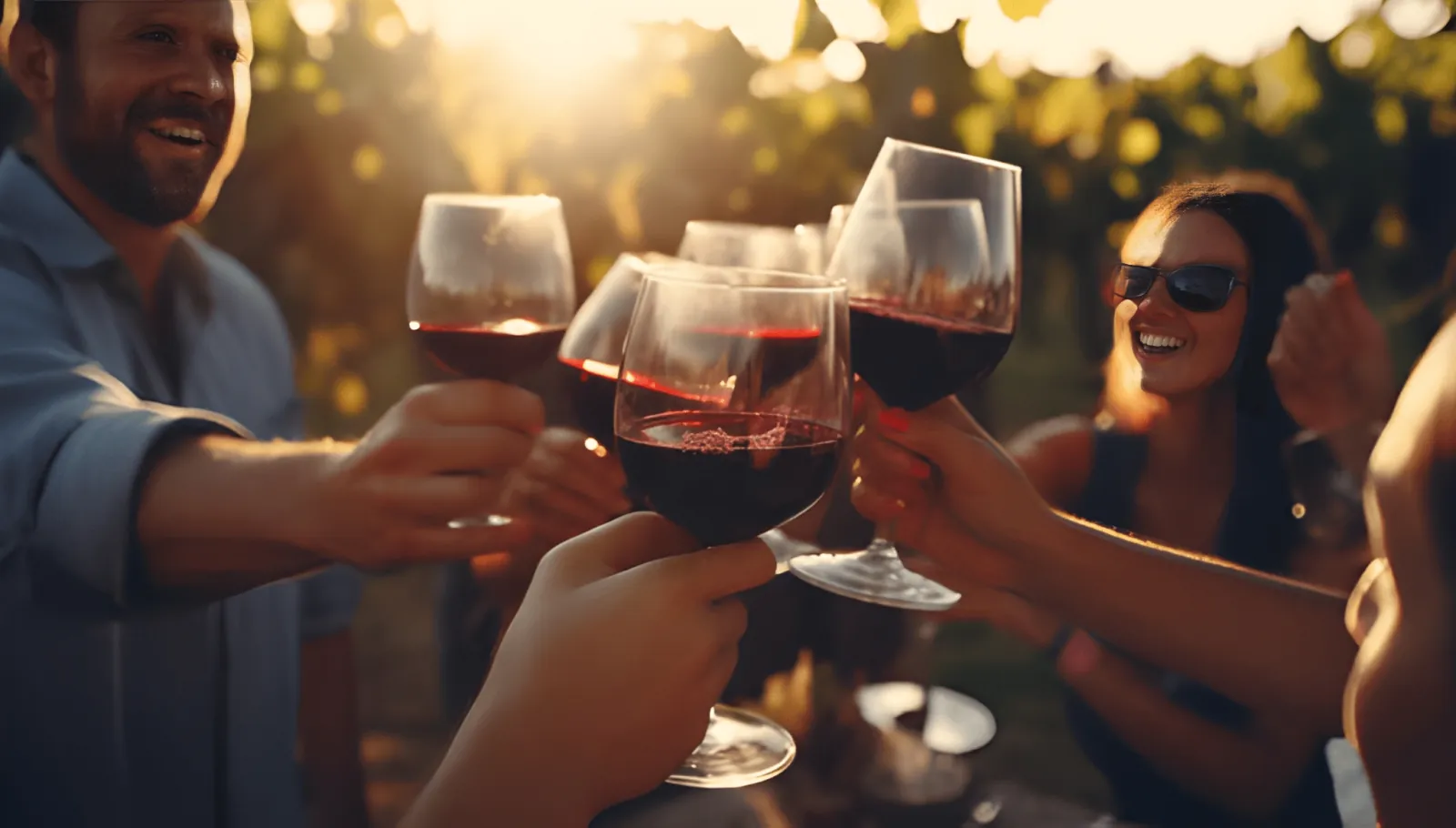 Friends toasting with glasses of red wine outdoors in warm evening light